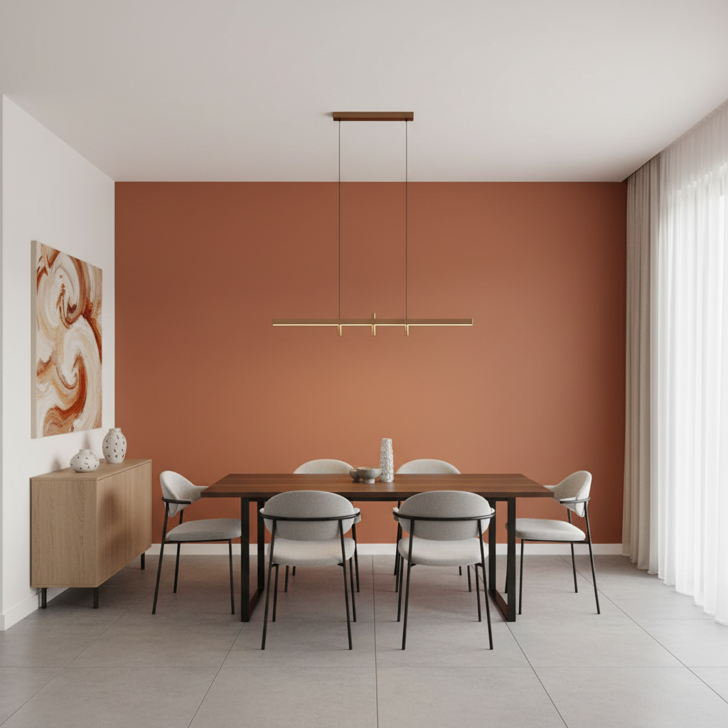 Earthy tones like terracotta are replacing cool grays to create more inviting living spaces. A dining room featuring a rich terracotta accent wall that adds warmth to the interior space.