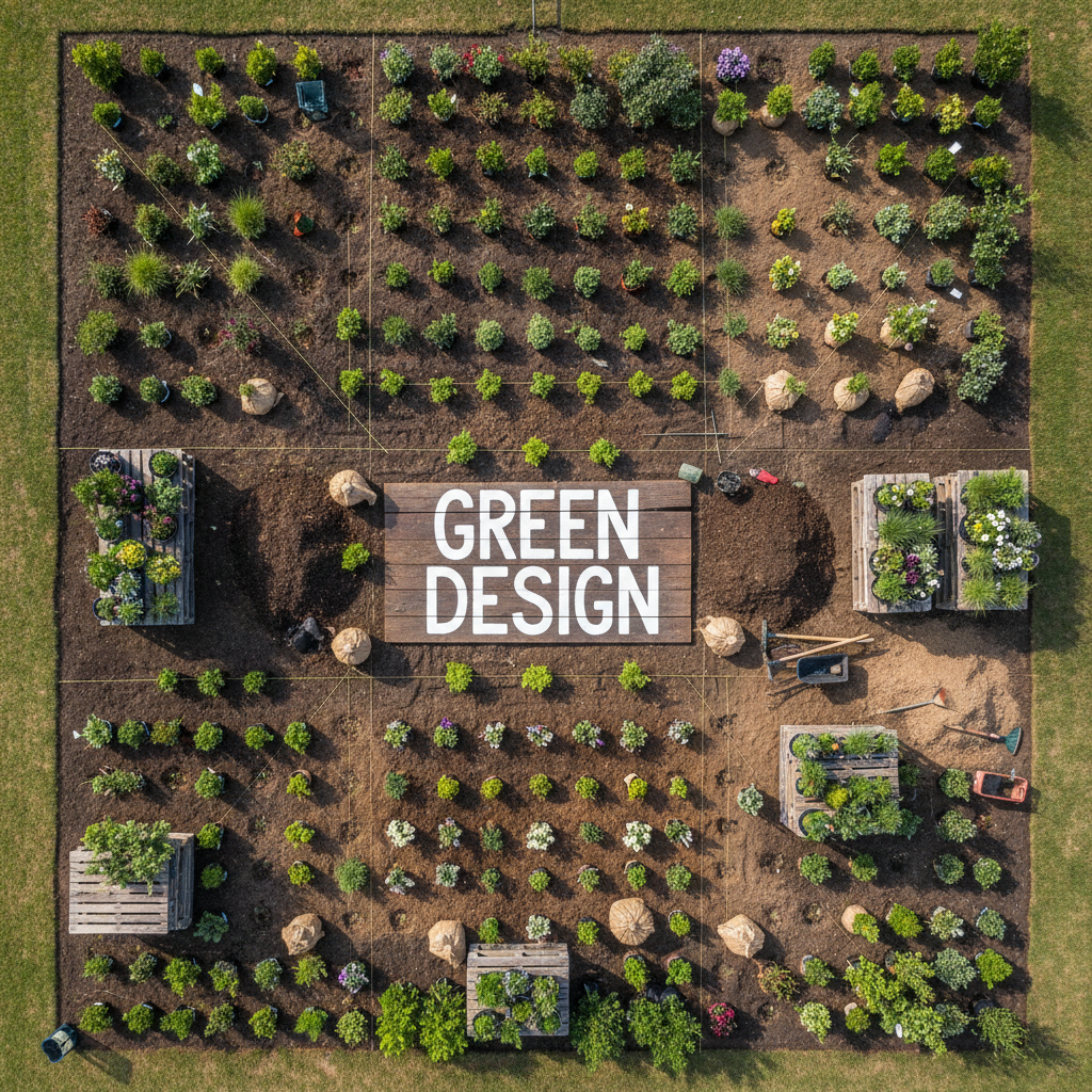 Strategic planning is key to balancing plant coverage and mulch areas for the 70/30 rule. An overhead view of a landscape project layout showing plant spacing and preparation for water-efficient design.