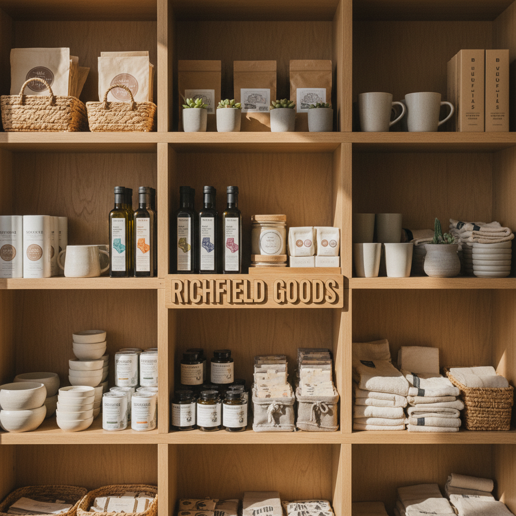 A well-organized selection helps shoppers distinguish between daily needs and specialty finds. Organized retail shelves showing a mix of everyday household essentials and curated specialty items.