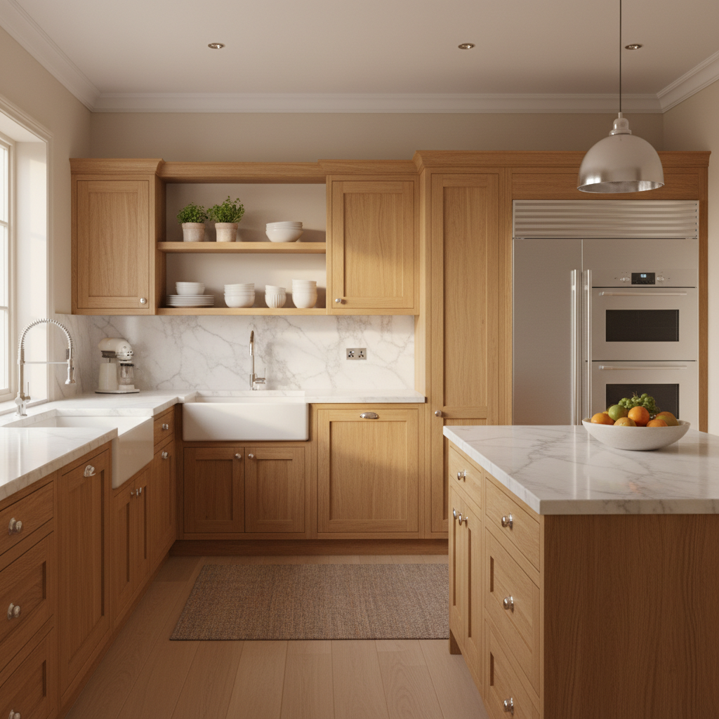 Natural wood tones like white oak and walnut are leading the 2026 design forecasts. Close up of completed kitchen cabinetry showing rich natural wood grain and high quality finish quality.