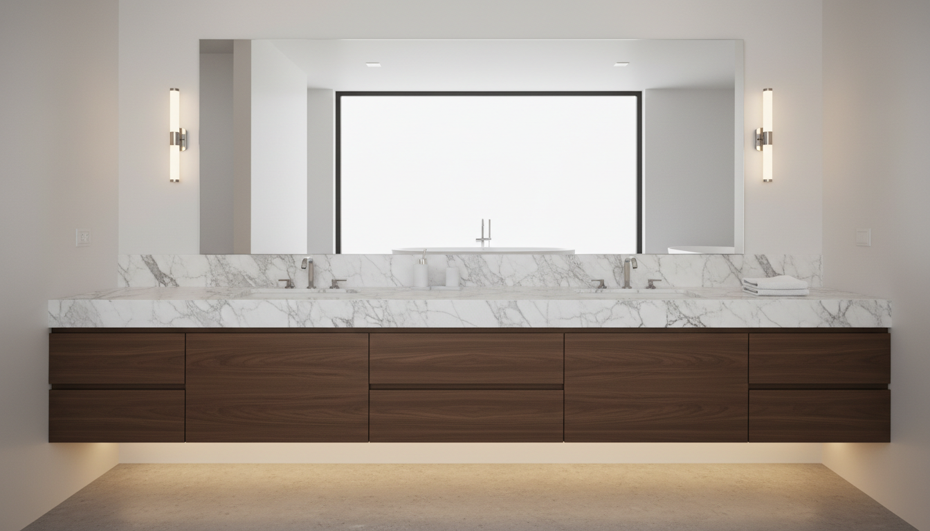 Choosing a high quality vanity with custom-looking finishes can save on full cabinetry costs. Modern custom bathroom vanity with a white marble countertop and high quality wood finishes.