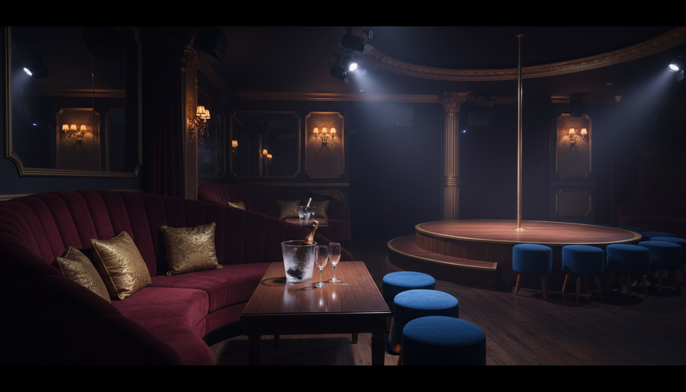 L'eleganza degli interni dei migliori strip club di Barcellona garantisce un'esperienza esclusiva. Interno lussuoso di uno strip club VIP a Barcellona con divanetti in velluto e palco con palo