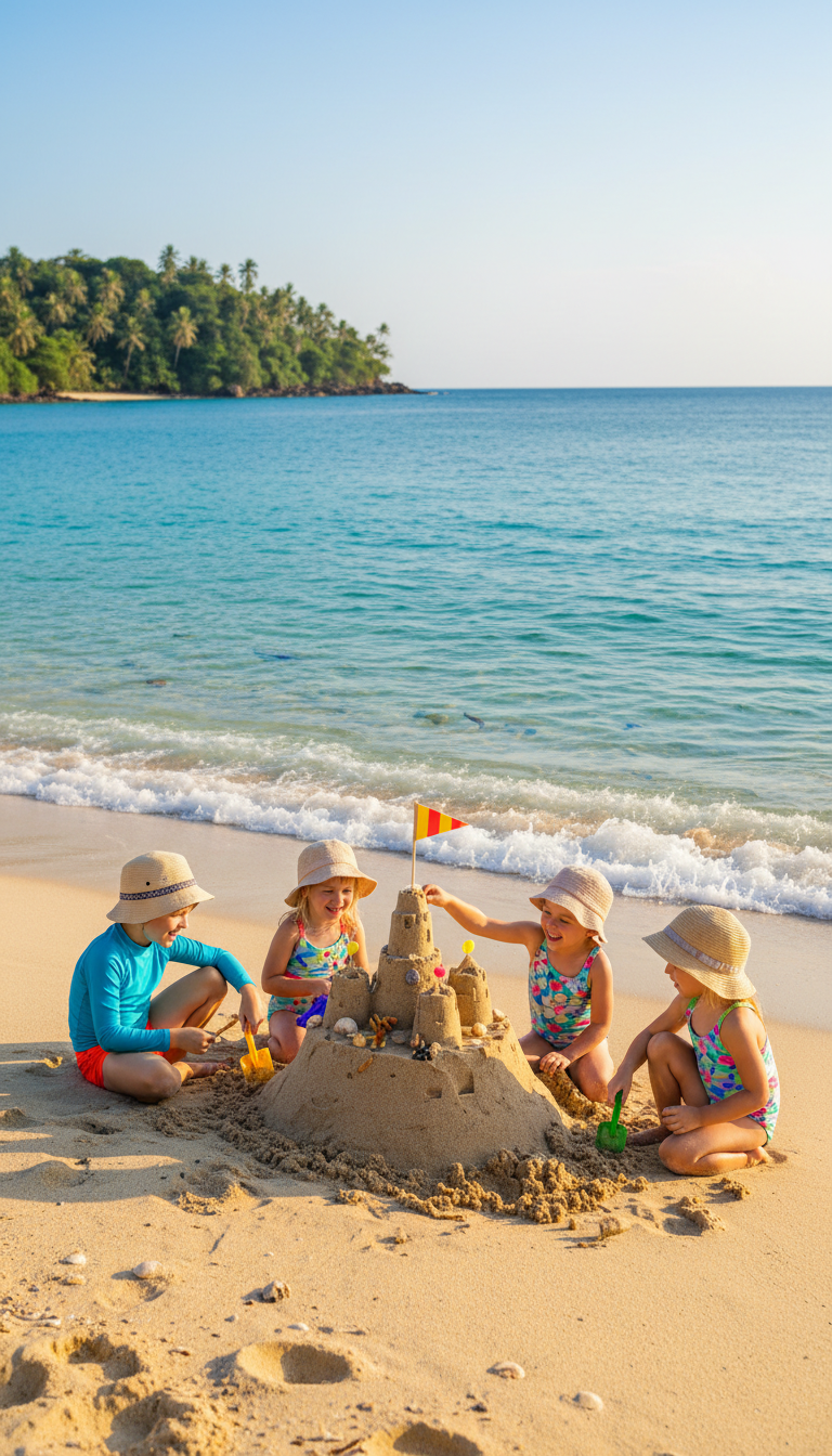 Planning ahead ensures the whole family can enjoy these precious moments without the stress of sold-out resorts. Children building a sandcastle on a tropical beach with clear blue water during a family vacation.