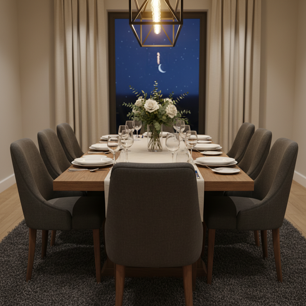 The dramatic transition from day to night in the Aburra Valley offers a glittering perspective from the dining table. A sophisticated dining room with a large window looking out onto a dark mountain landscape with city lights.