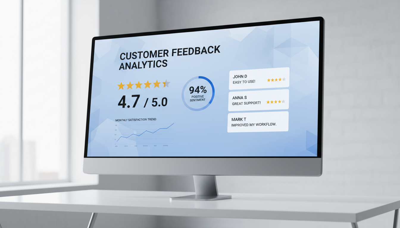 Transforming audit data into a visual scorecard helps prioritize reputation repair efforts. Clean modern dashboard interface on a large monitor showing star ratings and customer feedback analytics visualizations.