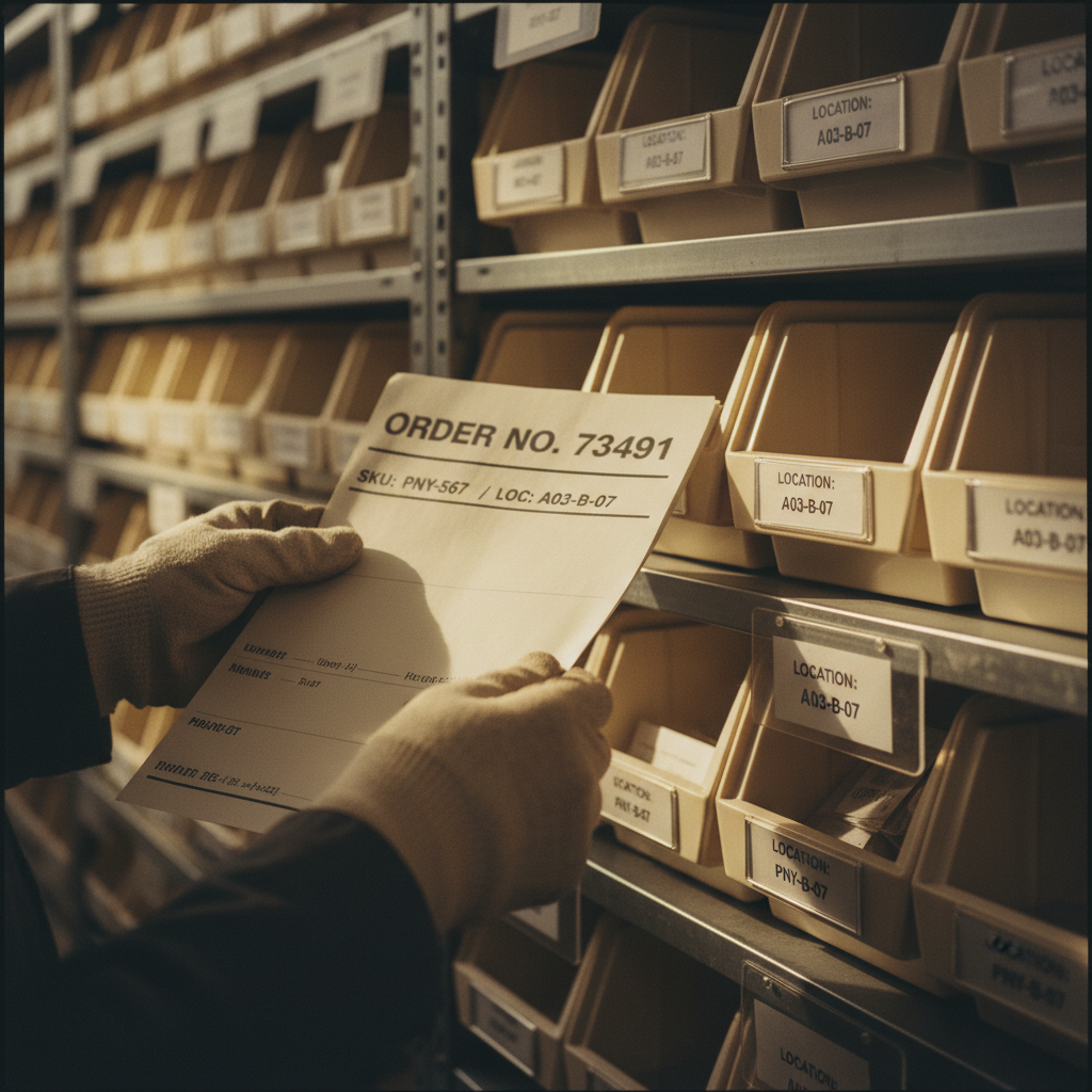 Precise documentation and labeling are the foundation of rapid inventory retrieval. Close up of hands holding a printed manifest over organized warehouse shelving.