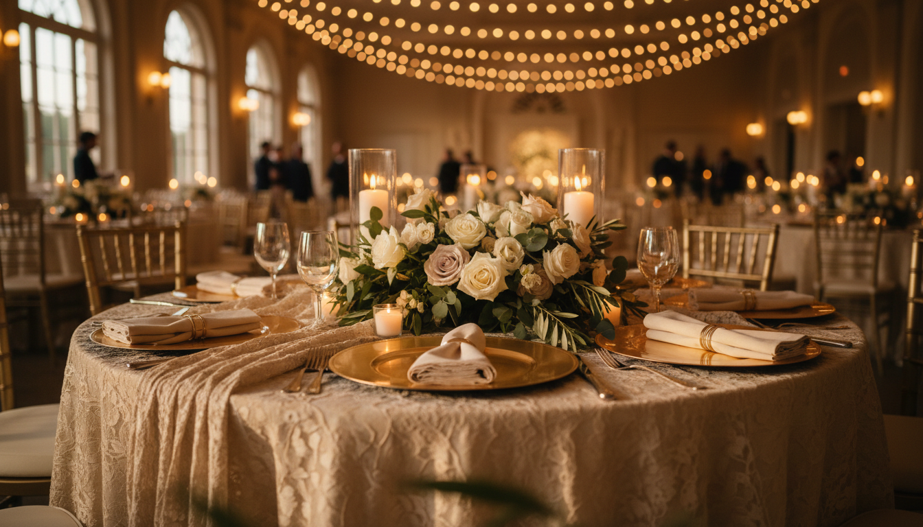 Elegant wedding reception table with draped tablecloth, floral centerpiece, and charger plates