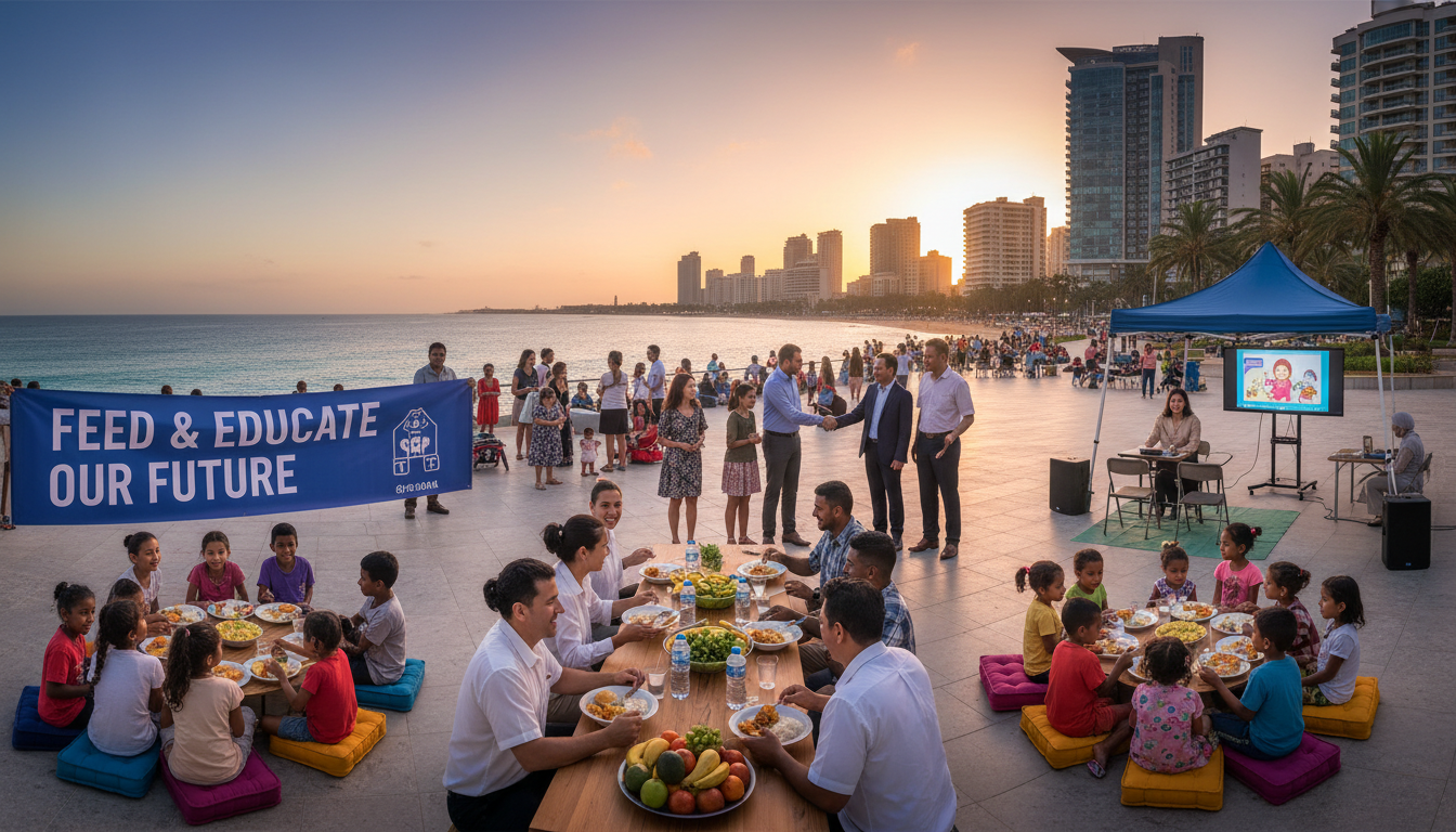 Every Petit Soleil purchase supports our mission to provide education and nutrition to children in need. A depiction of community support and education for children in a warm, coastal setting.