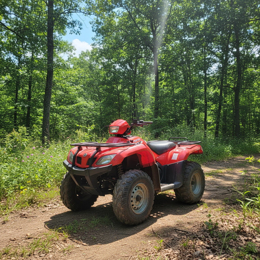 ATVs offer unmatched agility for single riders tackling narrow Utah trails. A clean, red four-wheel ATV parked on a dirt path in a sunny outdoor setting.