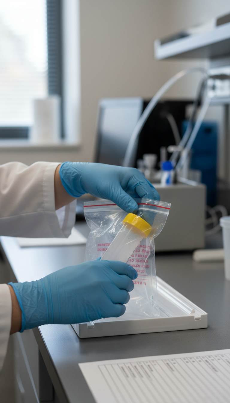The chain of custody is a critical procedural difference that ensures the integrity of every drug test result. Gloved hands placing a sealed specimen bottle into a secure custody bag with a chain of custody form visible.