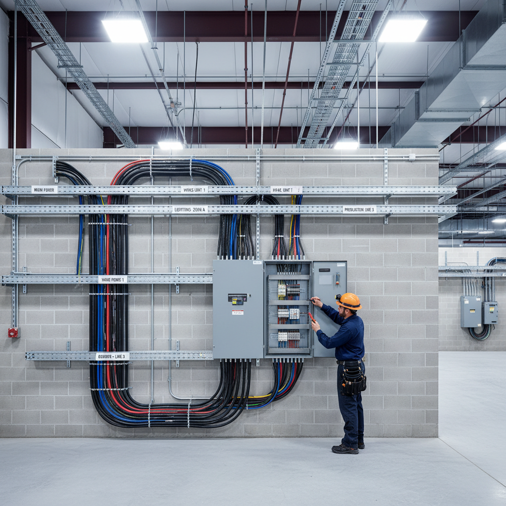 An organized and properly labeled commercial panel is the heart of a safe business operation. Commercial electrical panel installation on a clean wall with organized wire routing and professional labeling.