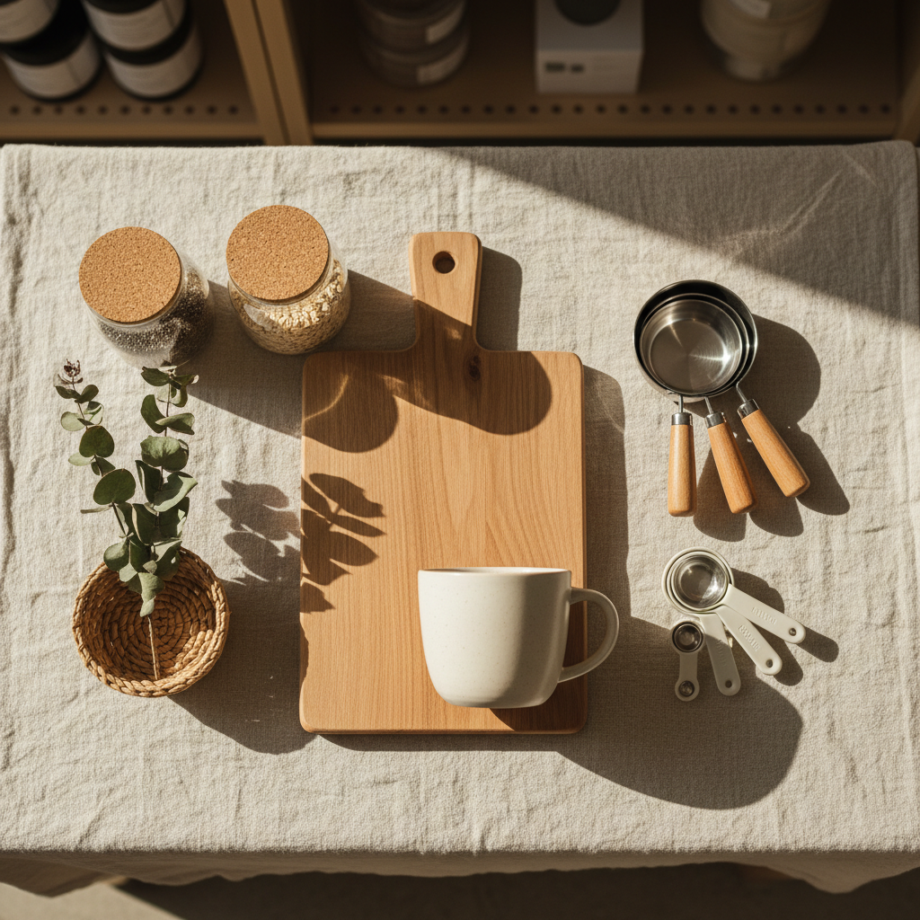 Everyday essentials should be as beautiful as they are practical. A flat-lay arrangement of home essentials including measuring tools, a mug, and storage items.