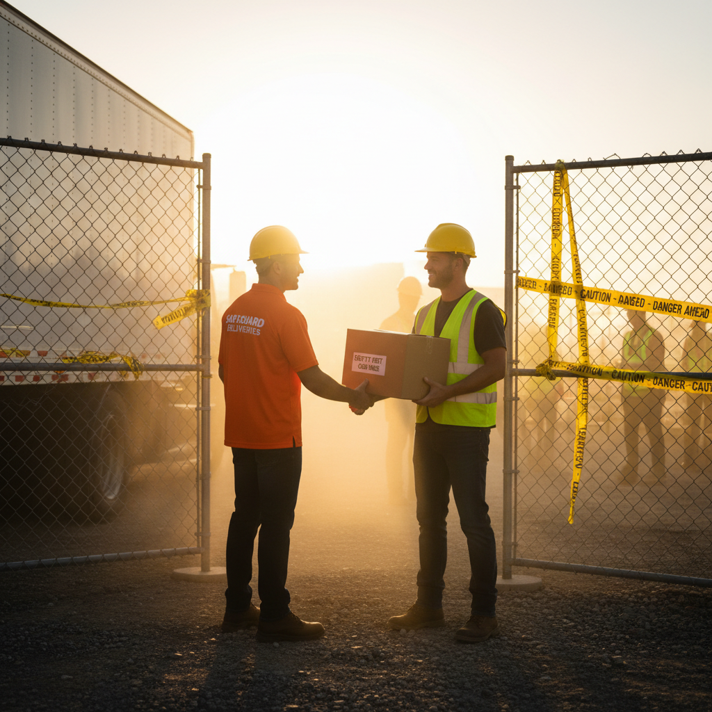Delivery driver handing a box of safety gear to a site foreman.