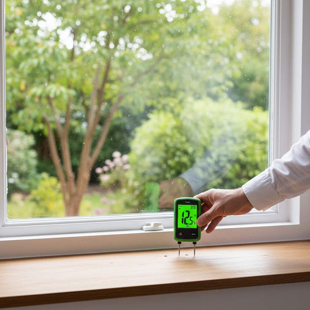 Moisture issues often start in the attic but manifest elsewhere in the home. An inspector using a moisture meter on a window sill to check for condensation and moisture levels.