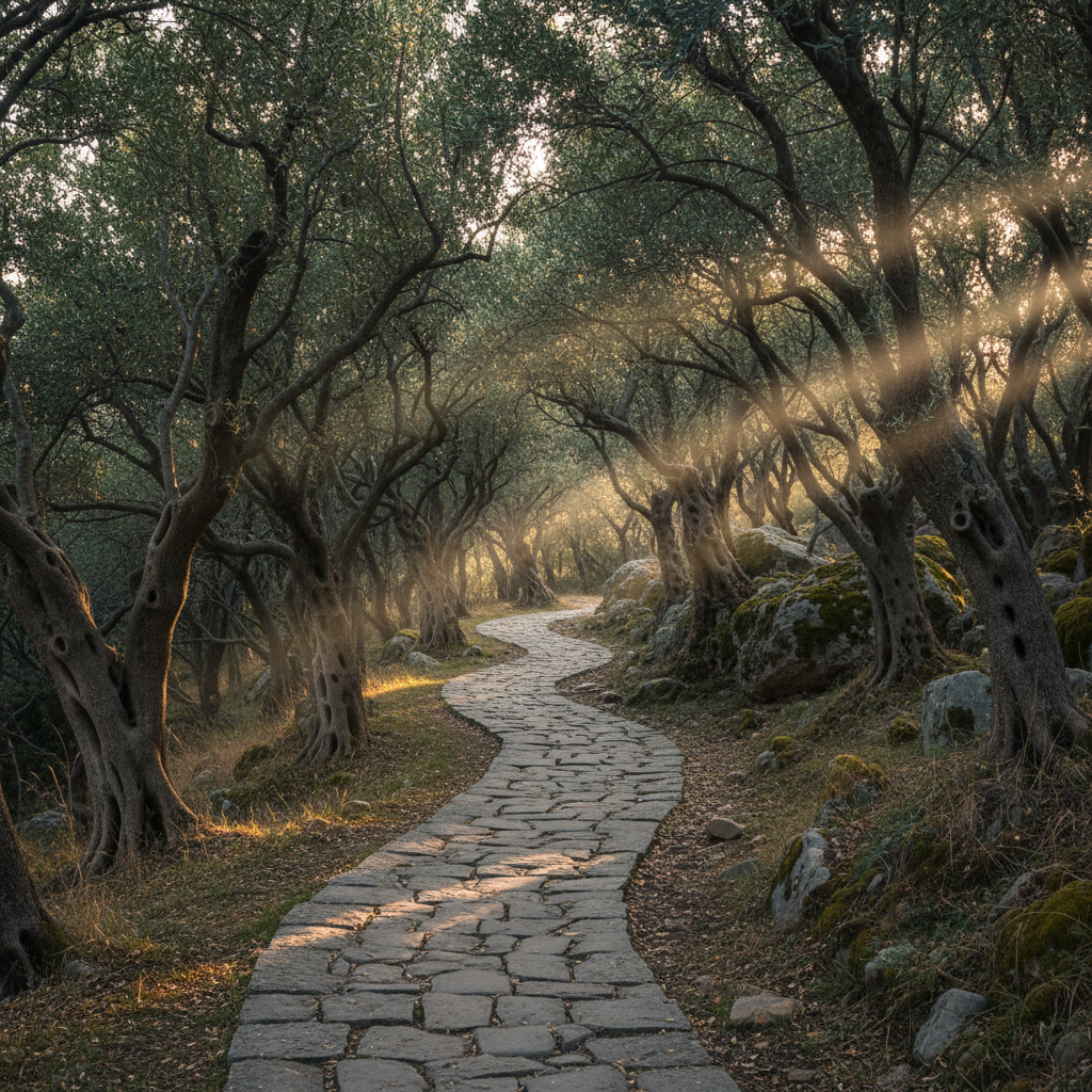 The path to recovery is a physiological journey that requires time and the right environmental triggers. A narrow stone path winding through a forest of gnarled olive trees in the late afternoon sun.
