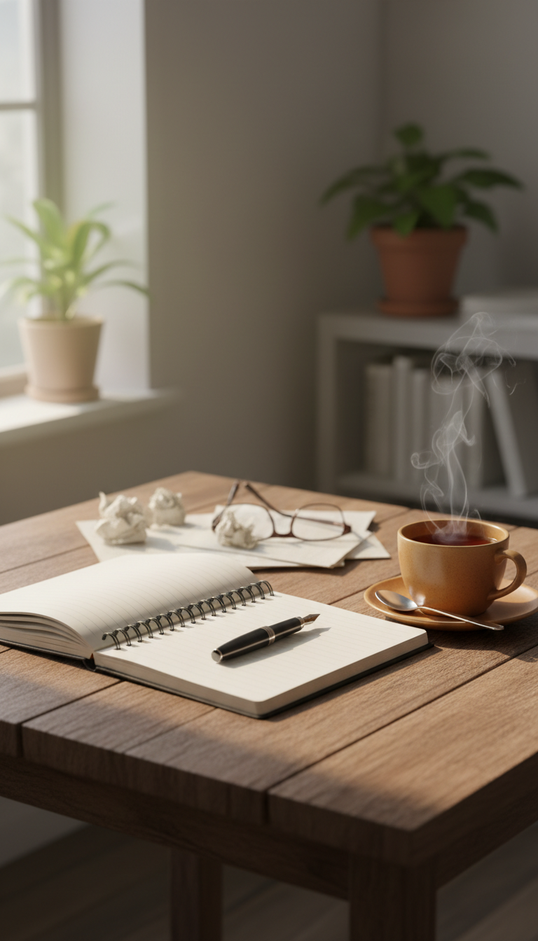 Practical grounding involves the foundations of body awareness and discernment in daily life. Open notebook on a wooden table beside a cup of tea in soft daylight, symbolizing discernment and grounding.