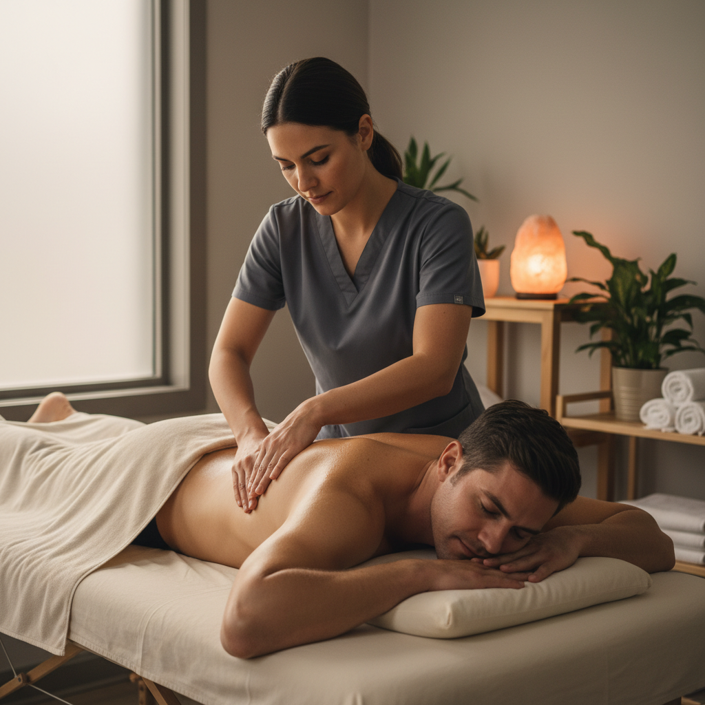 Therapists warm up muscles with flowing strokes before addressing deeper tension areas. Professional massage therapist performing therapeutic bodywork on a relaxed client during a full-body session