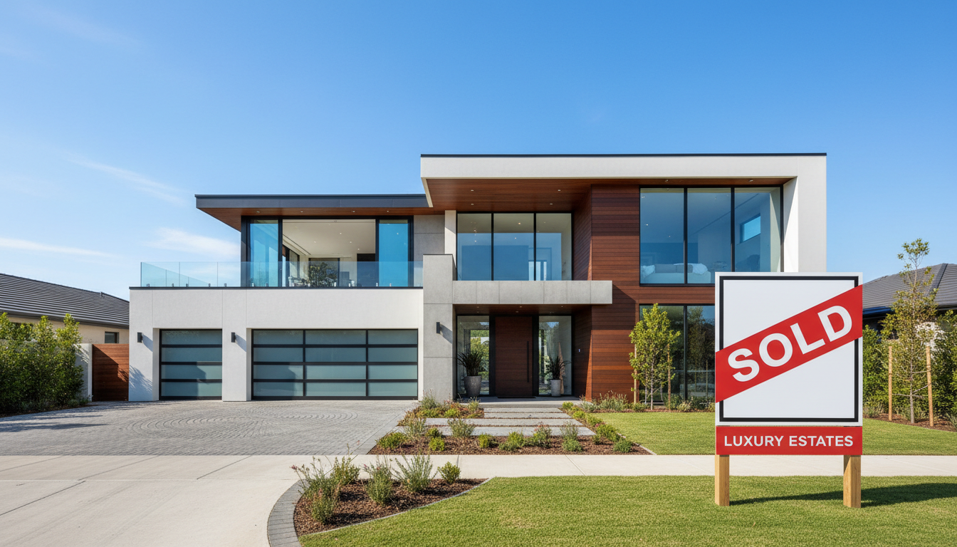 Selling your current home is easier when you've already secured your next property. Modern luxury home exterior with a sold sign in front during bright daylight in a suburban neighborhood.