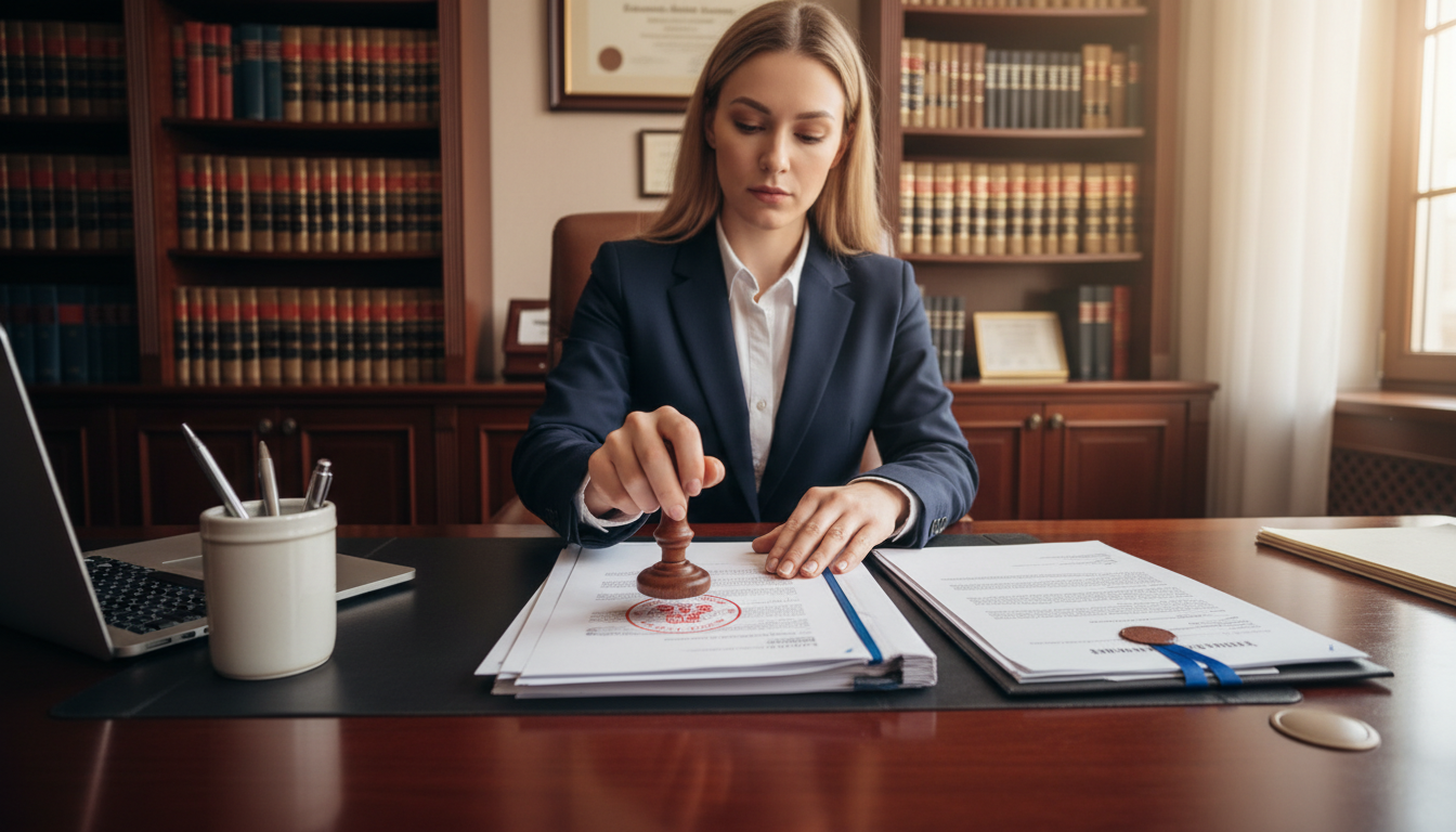Solo un gestor colegiado puede garantizar plena validez jurídica ante la DGT. Profesional legal sellando y certificando documentos oficiales en entorno de oficina acreditada