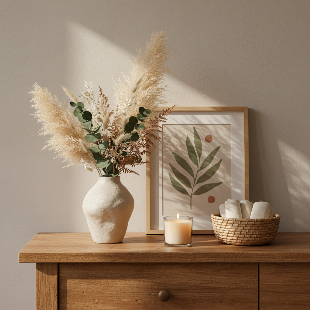 Small, curated items like candles and vases create a welcoming atmosphere in any home. A wooden console table with a ceramic vase, woven basket, and a candle in a glass holder.