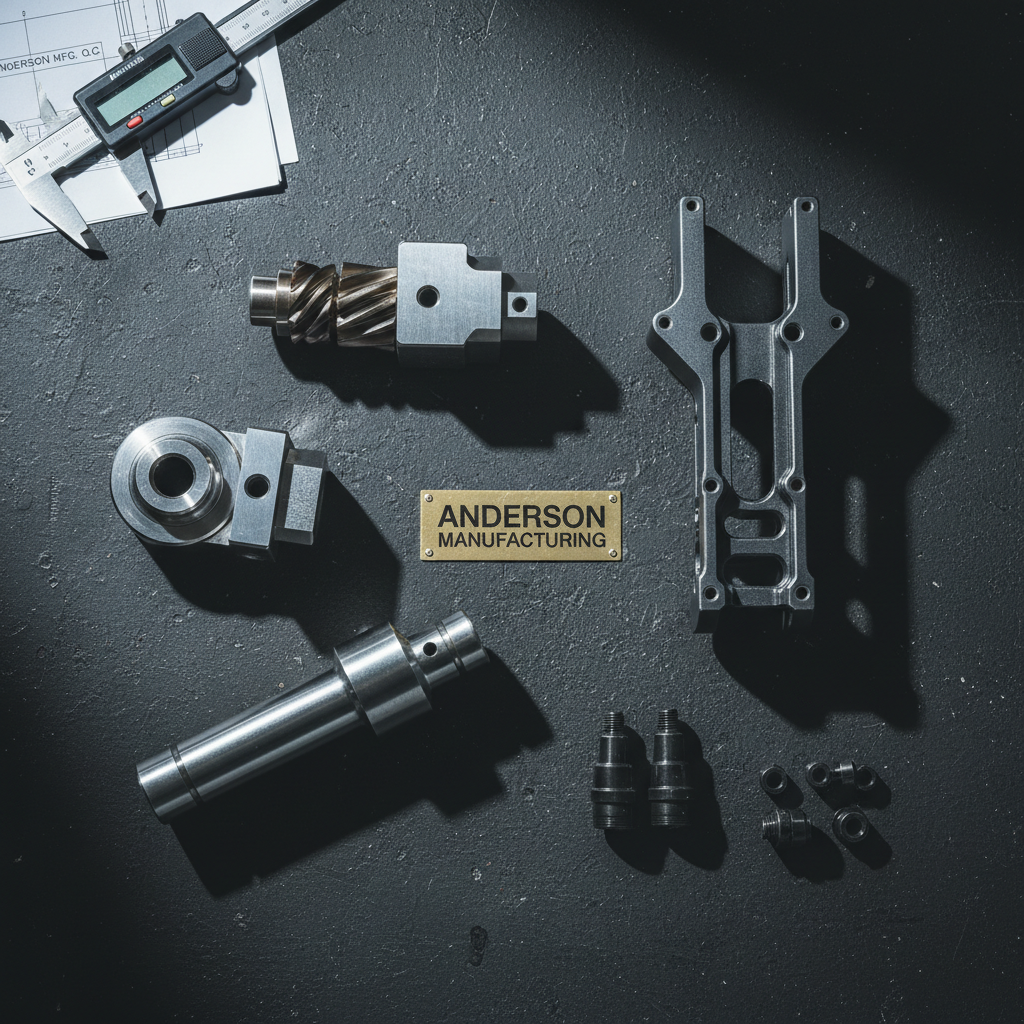 Different alloys offer unique benefits for strength, weight, and corrosion resistance. Flat lay overhead shot of various finished precision machined components with different geometries and finishes.