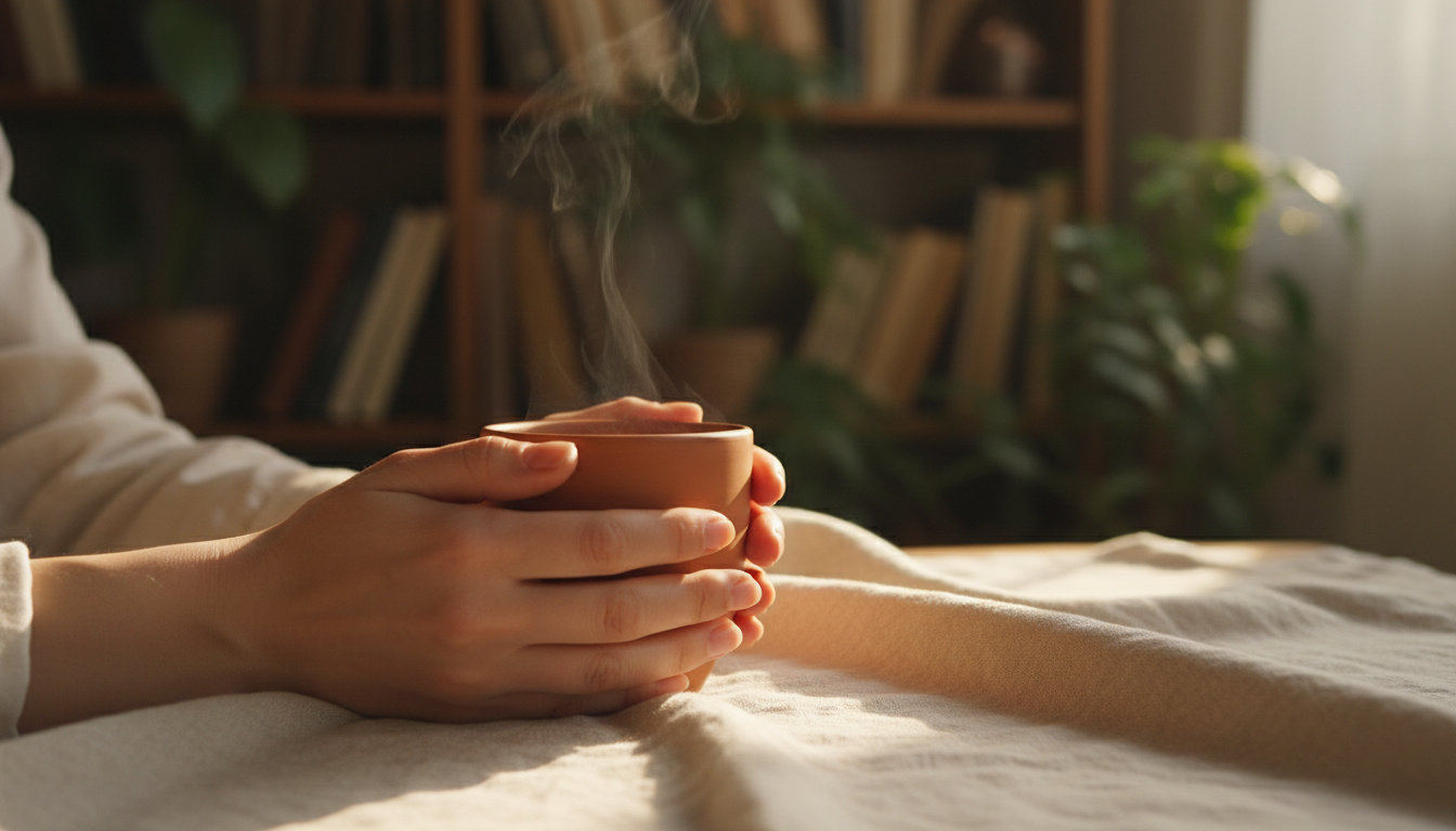 Grounding physical sensations through simple rituals helps the body integrate energetic shifts. A close up of hands holding a ceramic tea cup with steam rising in warm side light, suggesting grounding.