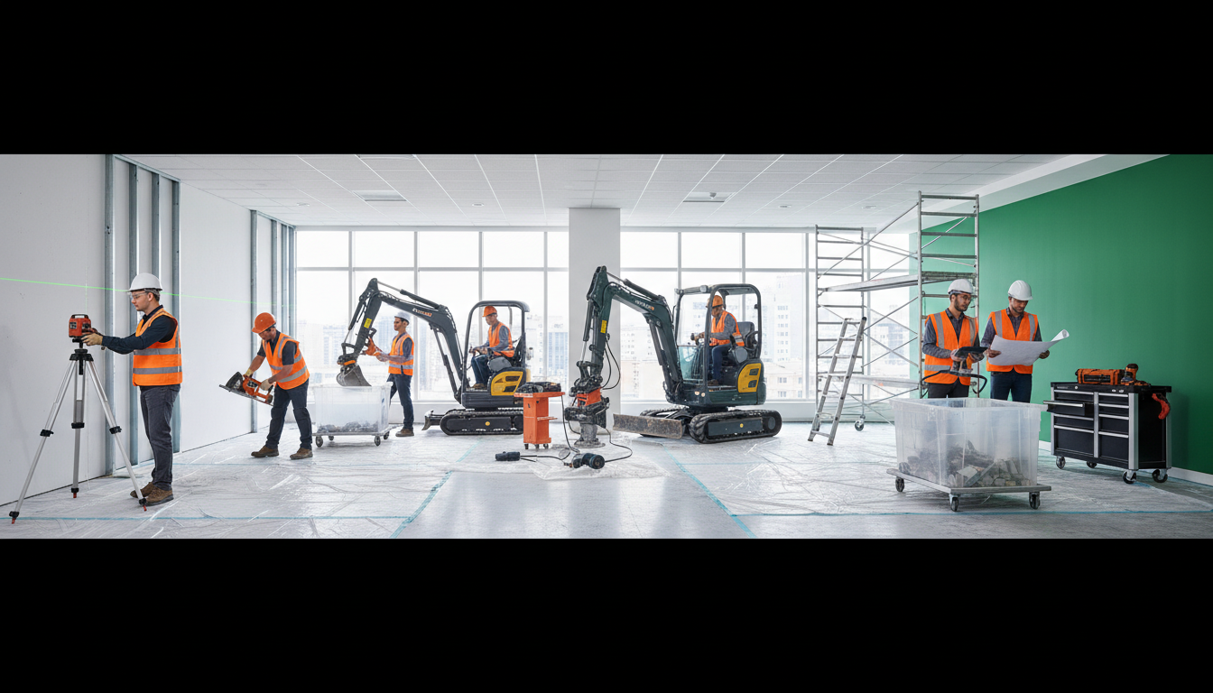 A clean and organized job site is a hallmark of professional kitchen remodel planning. Organized construction team working on a kitchen renovation with modern tools in a clean environment.