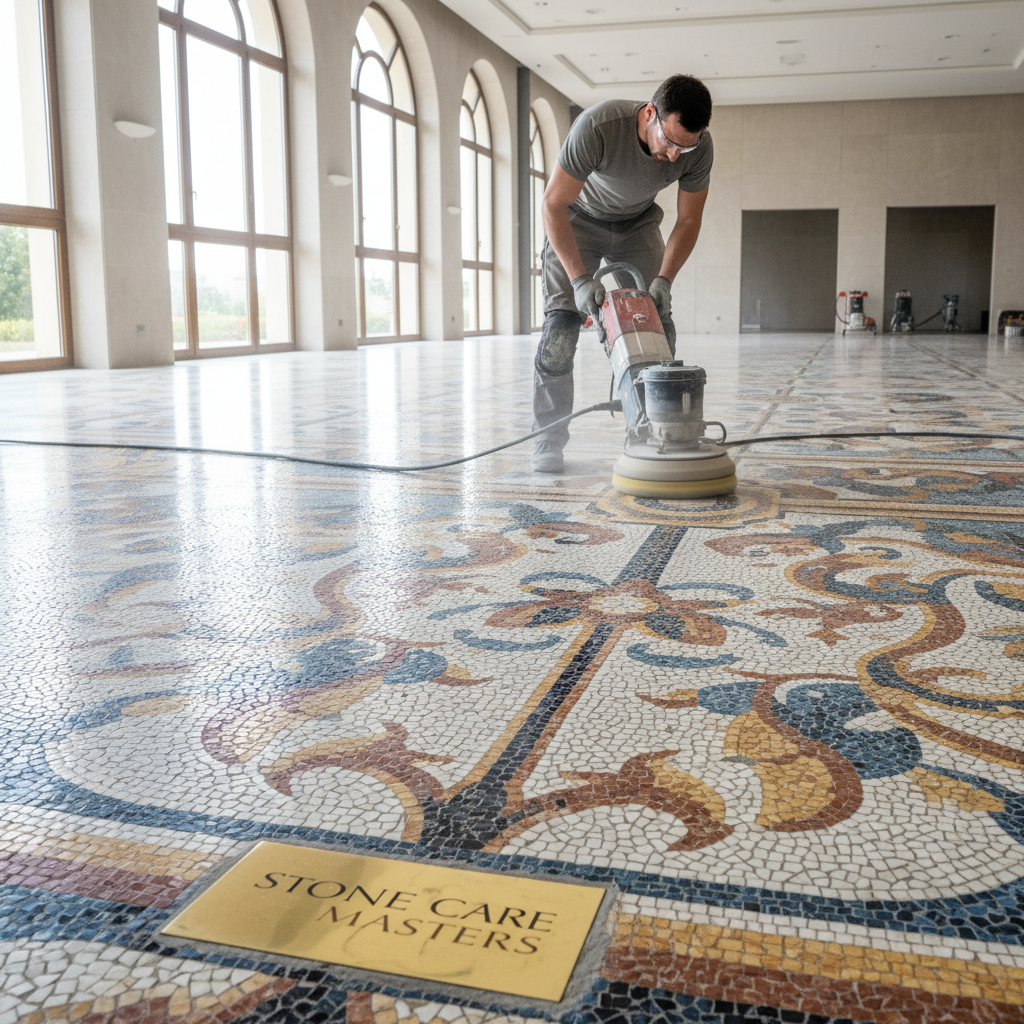 Diamond polishing machines effectively remove the top layer of mineral deposits and scratches. A heavy duty floor polishing machine being used on a stone floor to restore its natural shine.