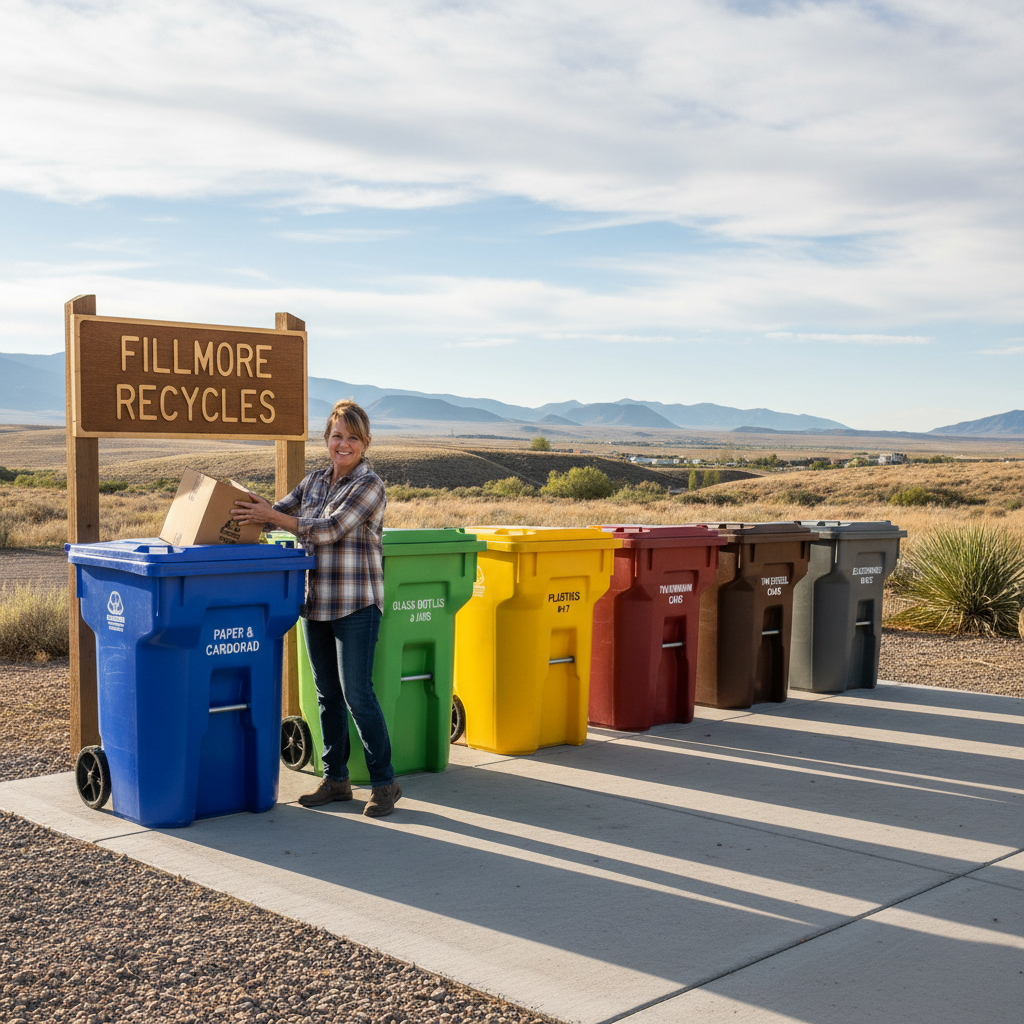 Using local drop-off stations can be a lifesaver during the final days of a home move. An organized outdoor recycling drop off station with colored bins and clear signage for different materials.