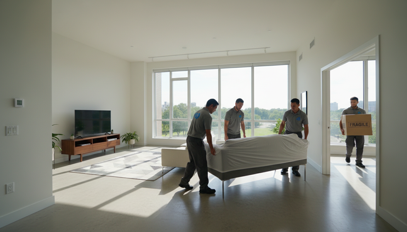 Selling furniture locally can save you thousands in international shipping costs and logistics stress. Professional movers carrying furniture in a clean modern Doha apartment with bright natural light.