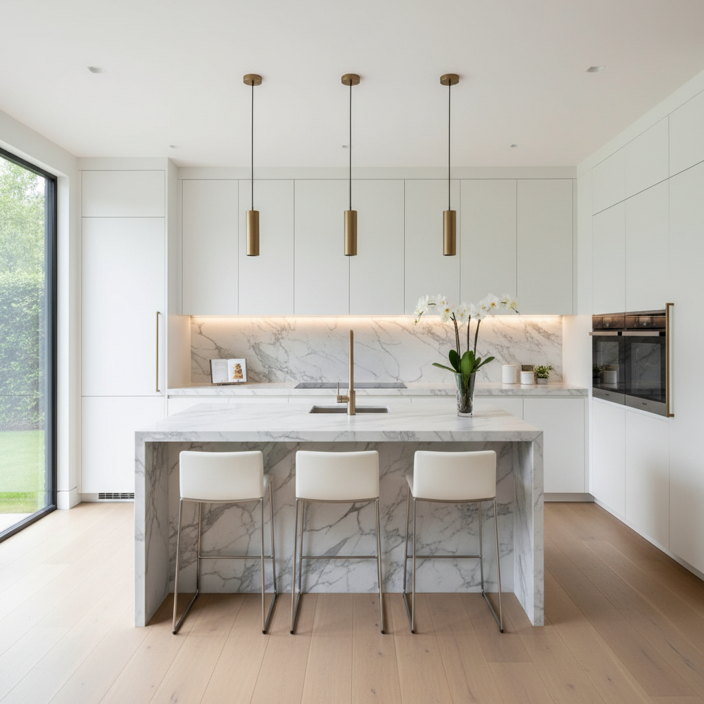 High-end finishes like marble islands significantly impact the total cost of a second-story expansion. Modern luxury kitchen remodel with custom white cabinets and a large marble island for a new home addition.