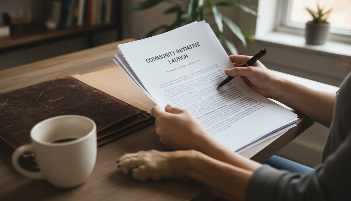 Advocacy efforts like the Rosie's Law Initiative are working to modernize Illinois' approach to pet custody. Top down view of a woman's hands holding press release papers with a dog's paw resting on the table.