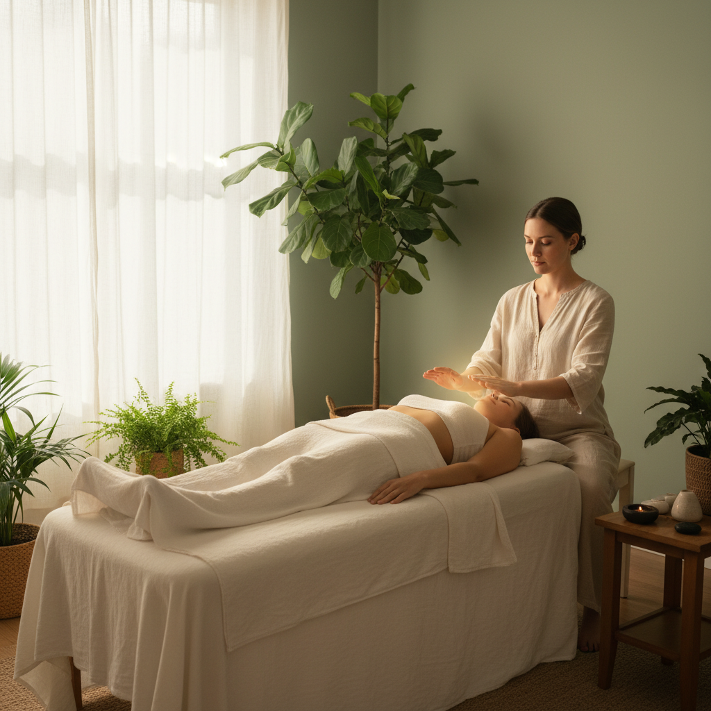 Las sesiones de Reiki ayudan a restaurar el equilibrio energético y liberar bloqueos. Persona recibiendo una sesión de reiki en una camilla con luz natural suave en un ambiente de paz