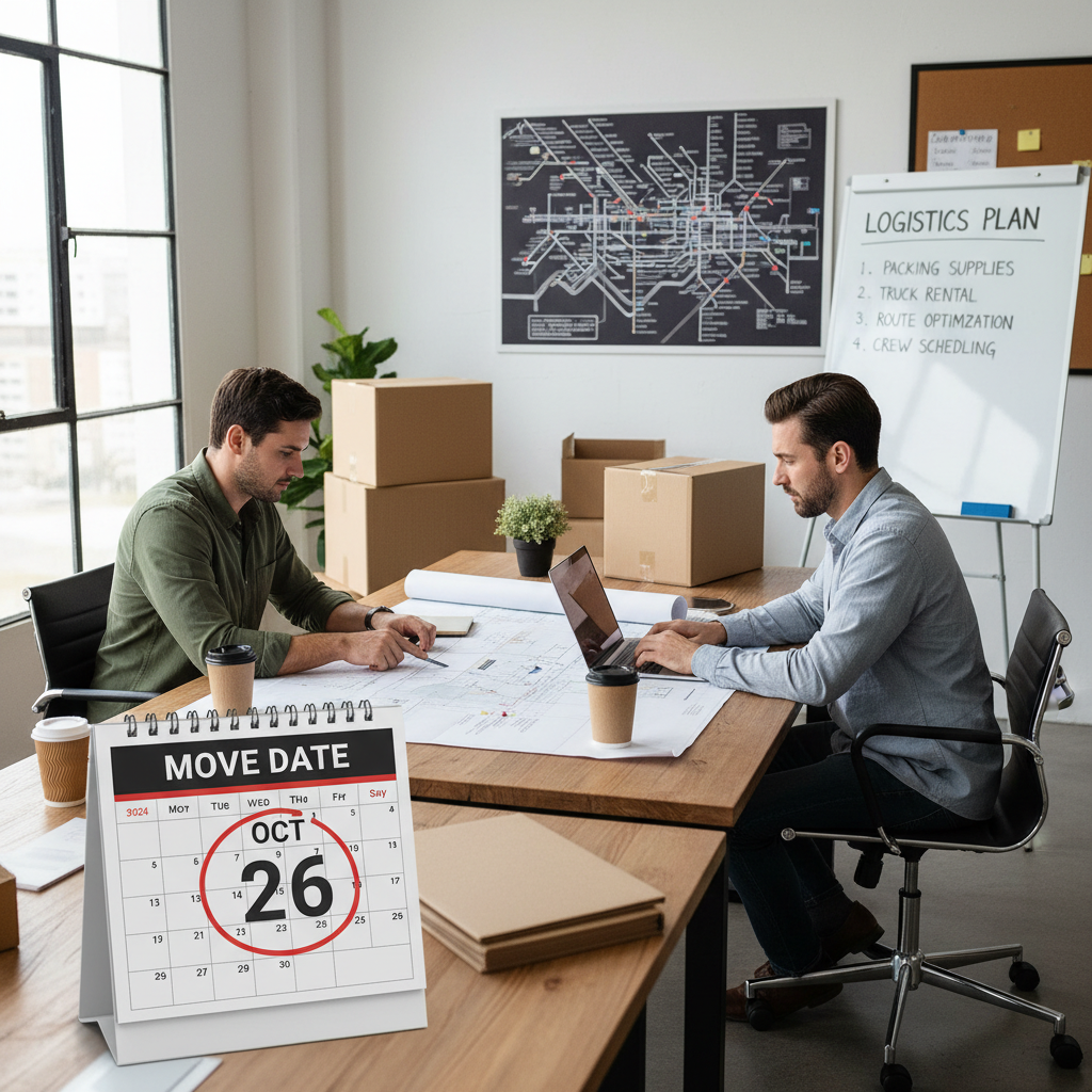 Early planning is the most effective way to reduce moving day stress. A calendar with a move date selected and movers planning the logistics of a relocation