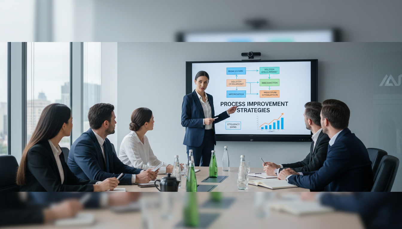 Preconfigured solutions streamline workflows and reduce the time spent in the complex design phase. A consultant presenting a workflow diagram and process improvement strategy to a management team.