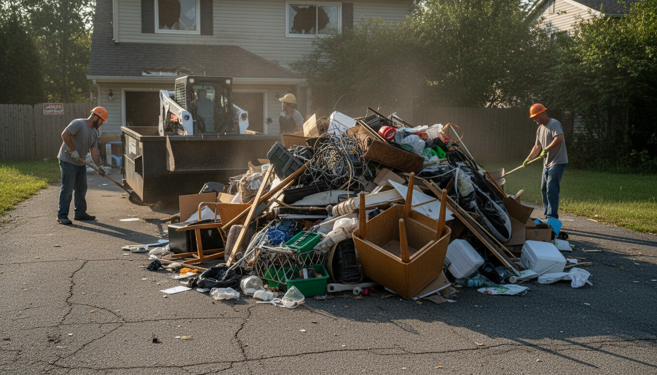 Junk removal pricing is often based on the volume of debris rather than a flat dumpster rate. A large pile of household waste and demolition debris being cleared from a driveway by a junk removal professional.