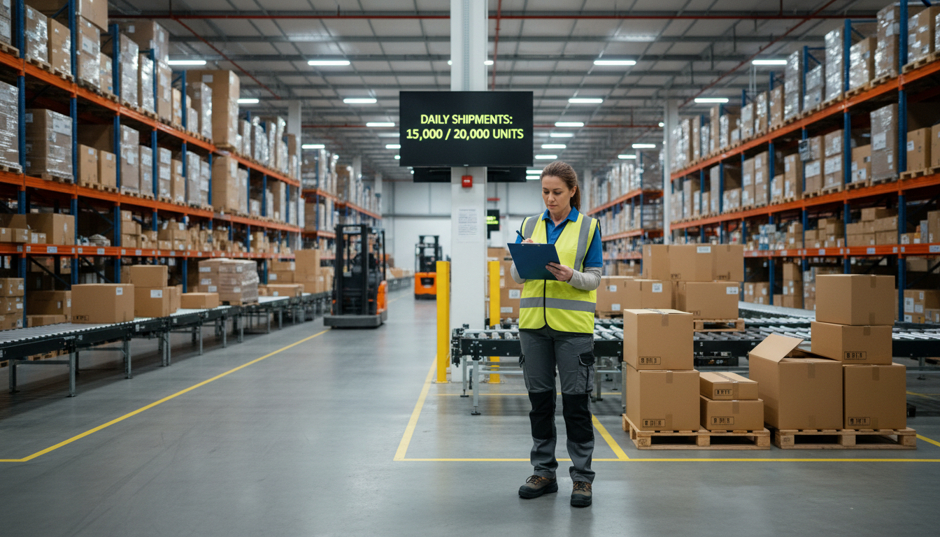 SOPs allow the business to run consistently without the owner personally supervising every shipment. A warehouse manager reviewing a clipboard next to shipping boxes in a modern distribution center environment.