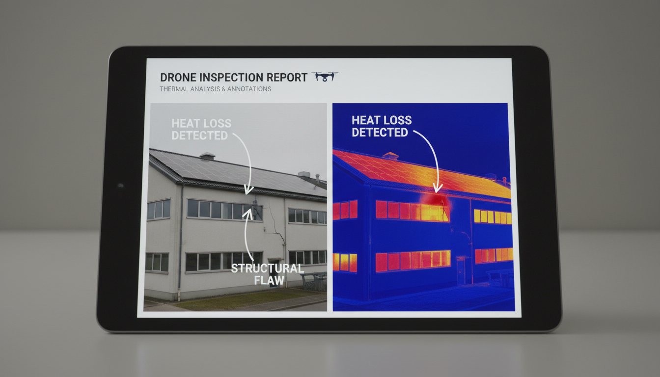 Digital reports provide clear, actionable data for insurance adjusters and roofing contractors. A tablet screen displaying a detailed drone roof inspection report with thermal overlays and annotated damage spots.