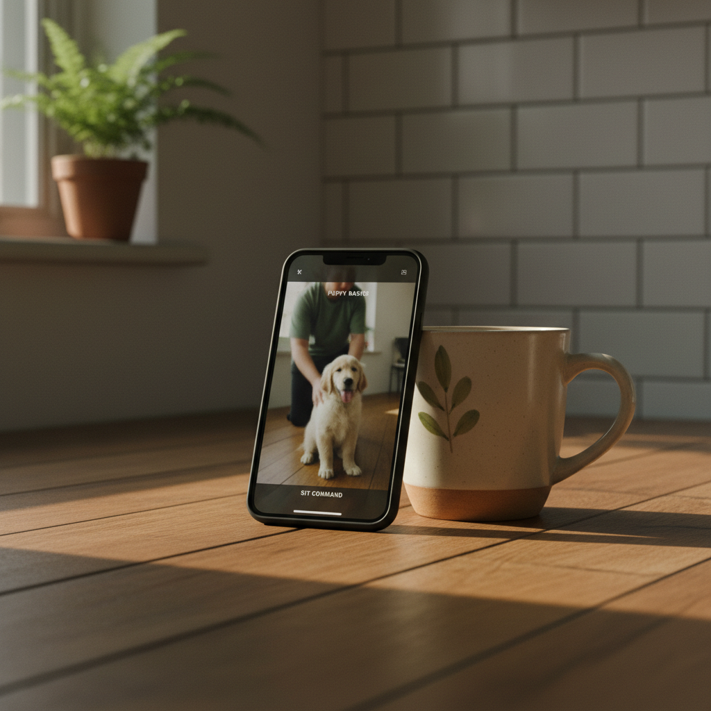 Digital training programs allow rural owners to access expert advice without the long commute. A smartphone propped against a coffee mug on a kitchen table showing a puppy training video.