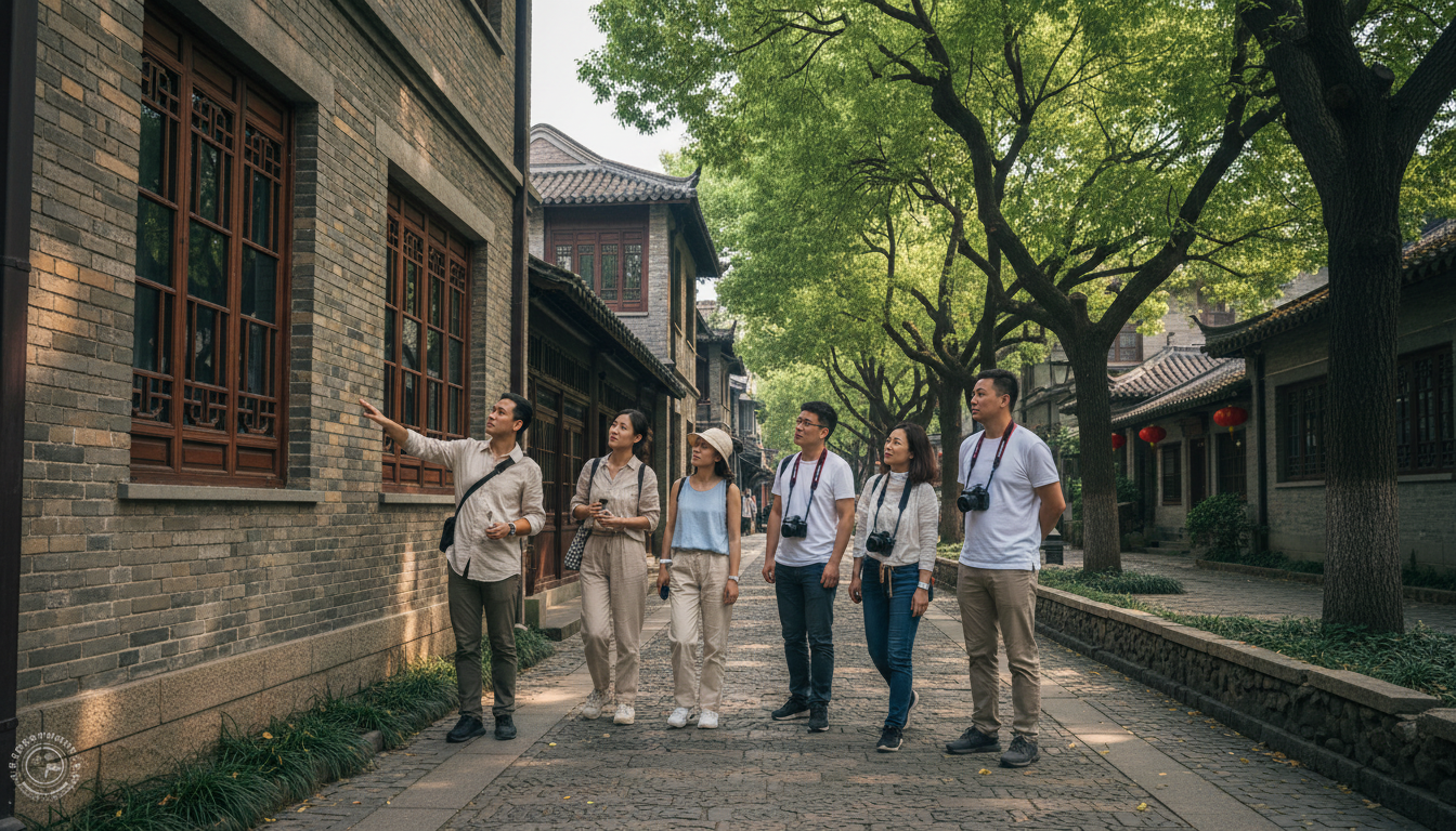 The tree-lined streets of the Wutong district offer a peaceful escape from the city bustle. A small group of international visitors walking along a tree-lined street in the Wutong district.