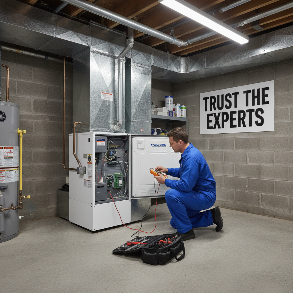 A pre-winter furnace inspection ensures your Glendale home stays warm safely and efficiently. Glendale HVAC technician performing seasonal maintenance on a residential furnace system in a basement.