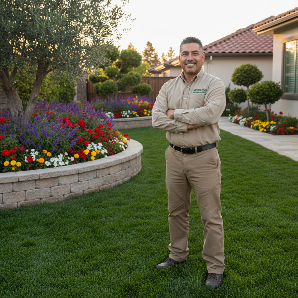 Working with a local expert ensures your design is tailored to Redding's unique environment. Eric Tellez, owner of Moreno's Landscape LLC, standing in a Redding yard providing expert design advice.