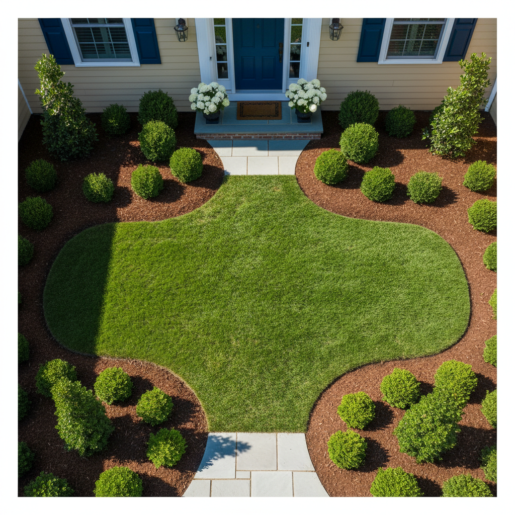 Professional landscaping design can increase your property value by up to 12.7%. Overhead view of a professionally designed front yard with clean mulch beds and trimmed shrubs showing high curb appeal.