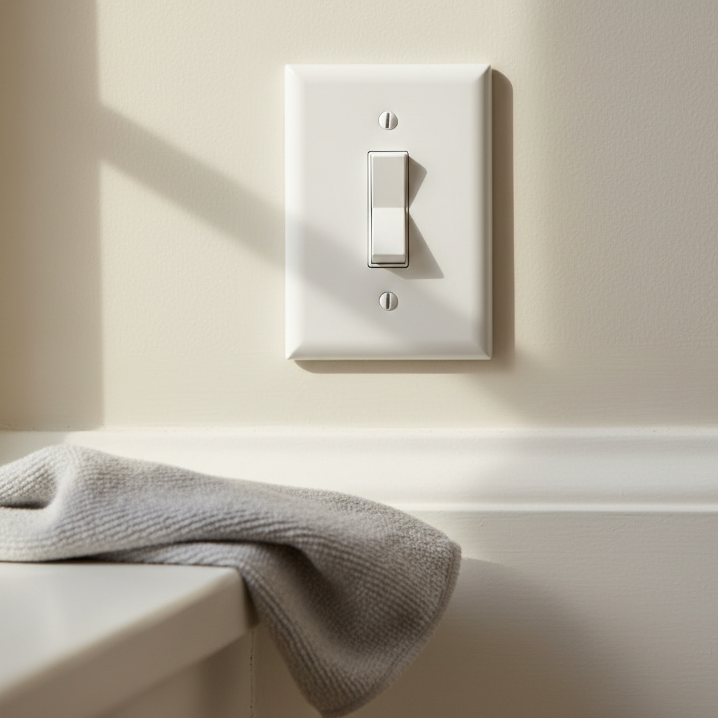 Detail-oriented deep cleaning focuses on often-overlooked areas like baseboards and light switches. Close-up of a clean white light switch plate and baseboard highlighting a dust-free surface after a deep clean.