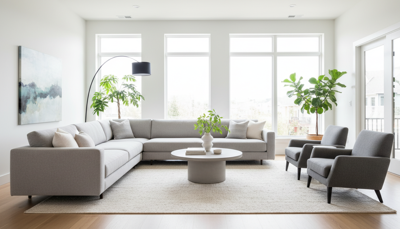 Selling high-quality furniture like this modern sofa set is fast and easy with our professional buying service. A clean modern living room in Doha with a comfortable sofa and natural lighting highlighting well-maintained furniture.