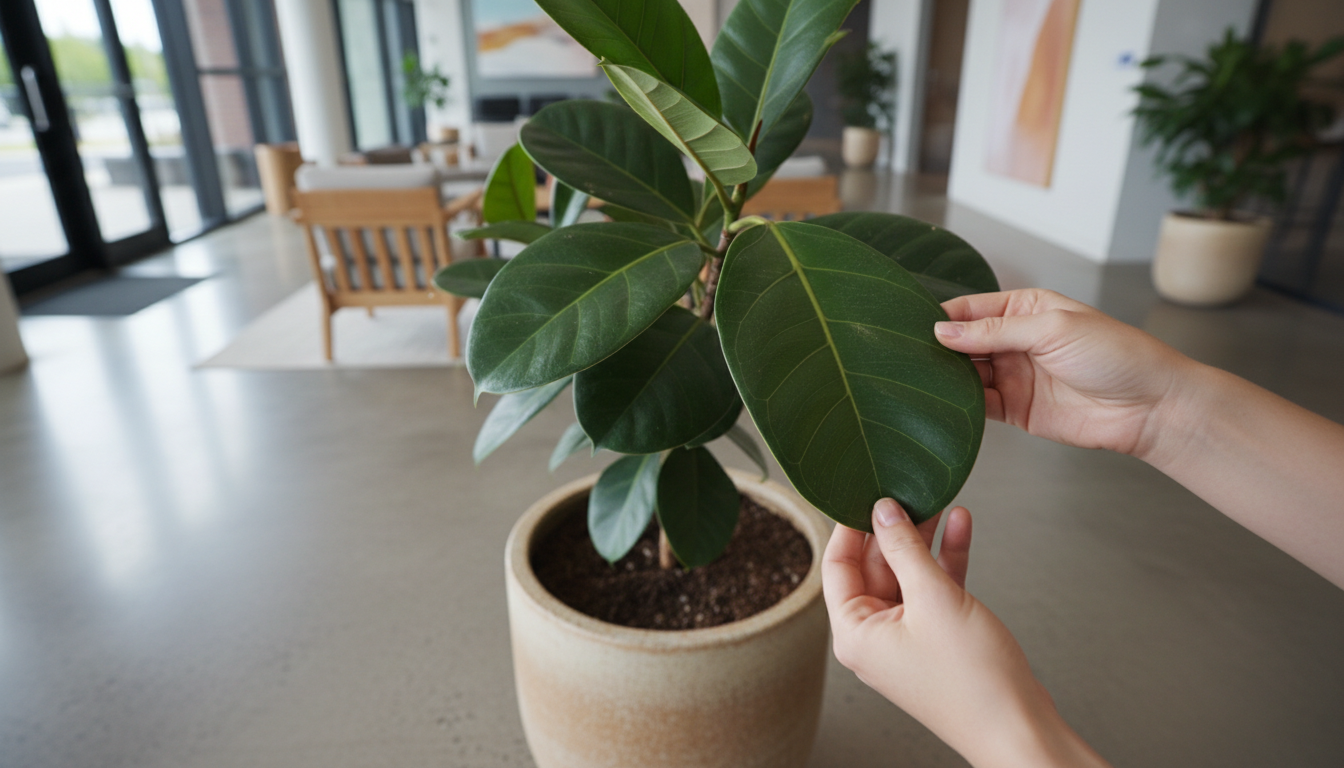 Early identification of pests prevents costly replacements of large scale corporate botanical assets. A botanical consultant inspecting a large indoor ficus leaf for signs of pests in a bright commercial space.