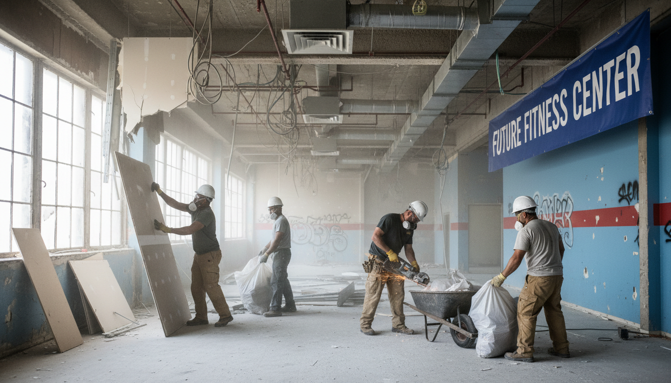 Interior commercial demolition often requires more manual labor than exterior teardowns. Interior demolition workers wearing safety gear removing drywall and wooden framing in a large commercial building.