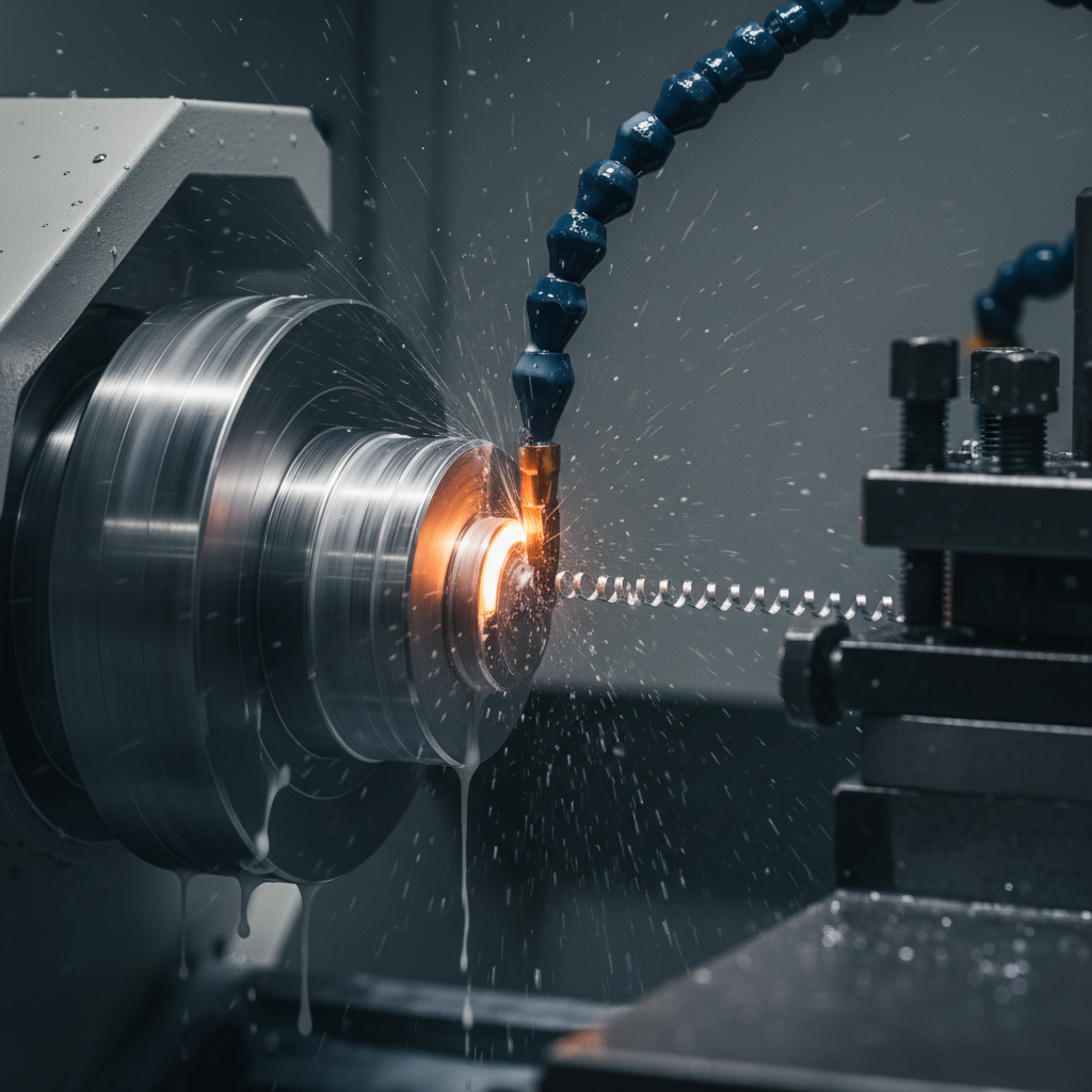 Modern CNC machining ensures the precision and intensity required for complex components. Extreme close-up of a CNC lathe actively turning metal stock with cutting fluid spray.