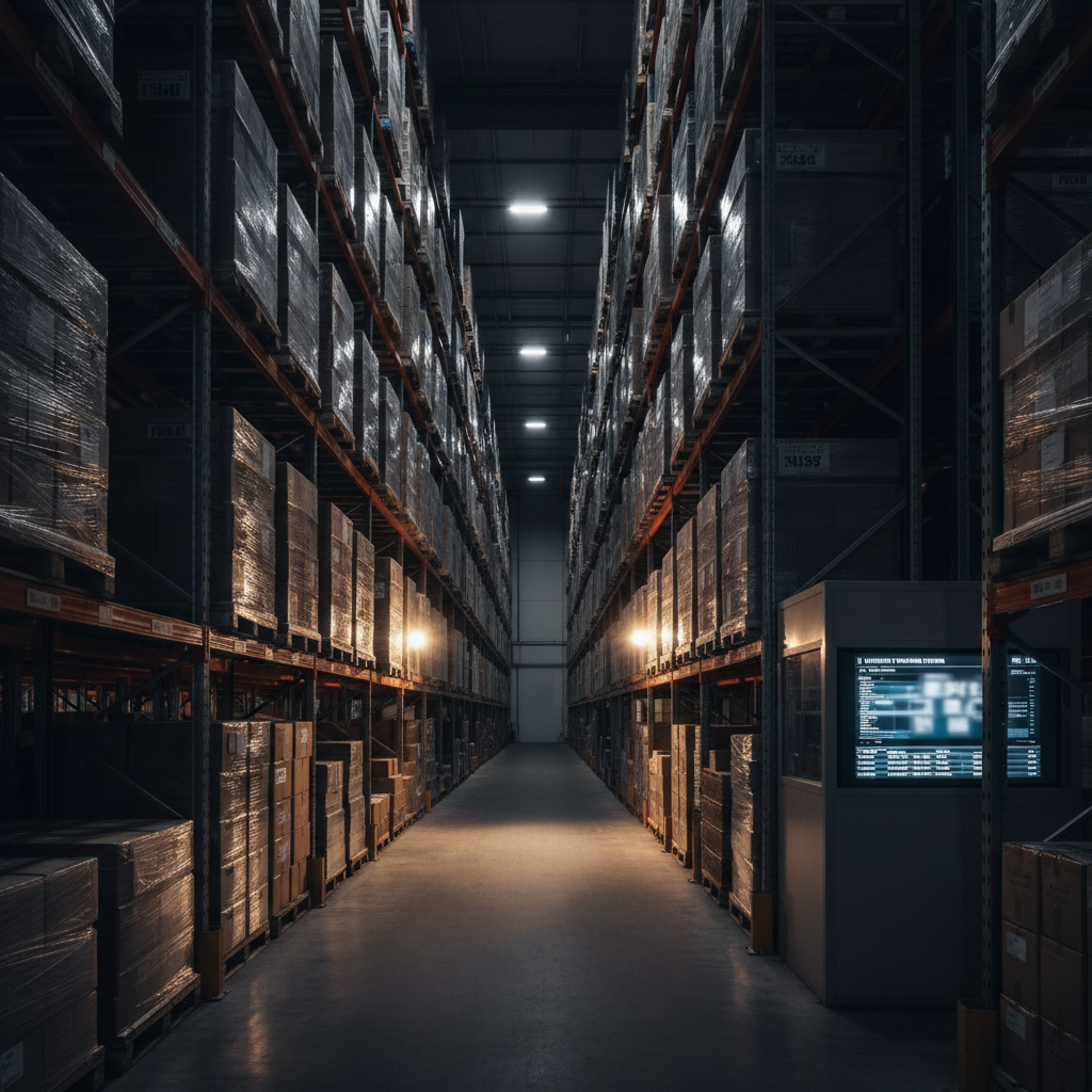 Deep storage zones at Sanpete Warehouse are kept clean and organized to prevent dust accumulation. Long-term storage section showing tiers of inventory stacked systematically in a clean facility.