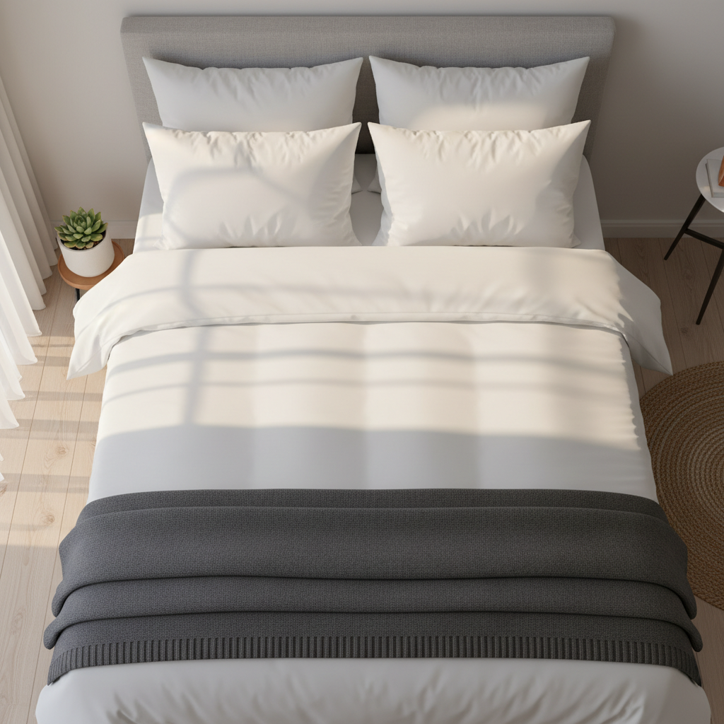 Airbnb cleaning requires a level of detail that makes every guest feel like the first. A neatly made bed with white linens in a clean Airbnb rental.